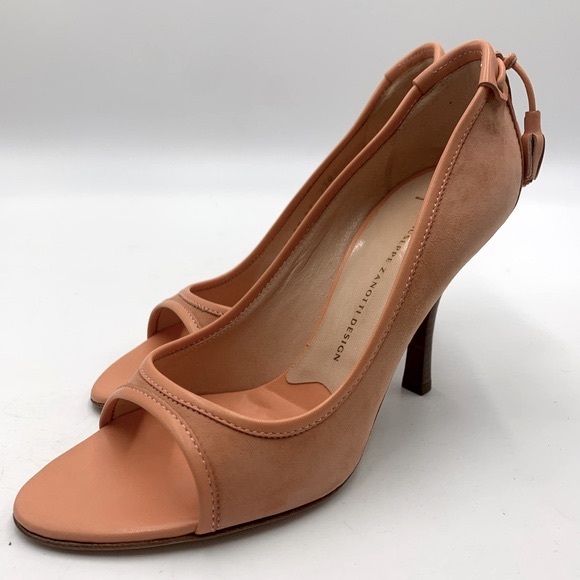 Auth NWT Giuseppe Zanotti TAK 90 Sandolo Peach Peep Toe Suede 4" Heels US 7.5B - Picture 10 of 16